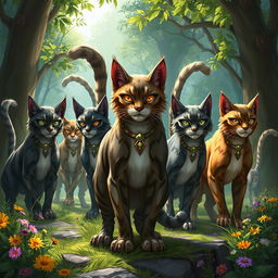 A fantasy scene depicting a group of majestic warrior cats, illustrated in a lush forest setting