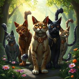 A fantasy scene depicting a group of majestic warrior cats, illustrated in a lush forest setting