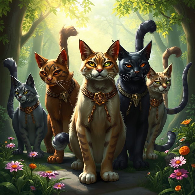 A fantasy scene depicting a group of majestic warrior cats, illustrated in a lush forest setting