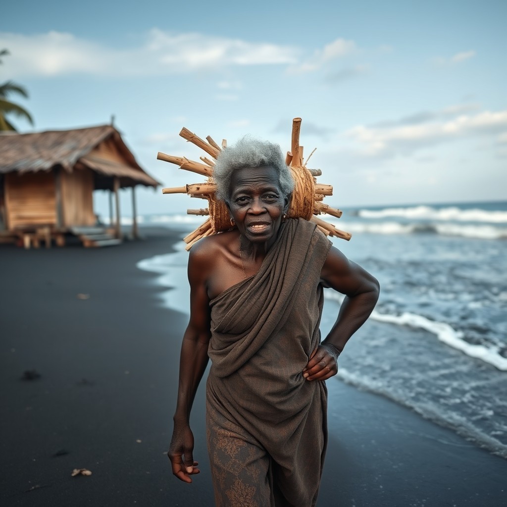 An elderly African woman carrying firewood on her back while walking along a black tropical sandy beach