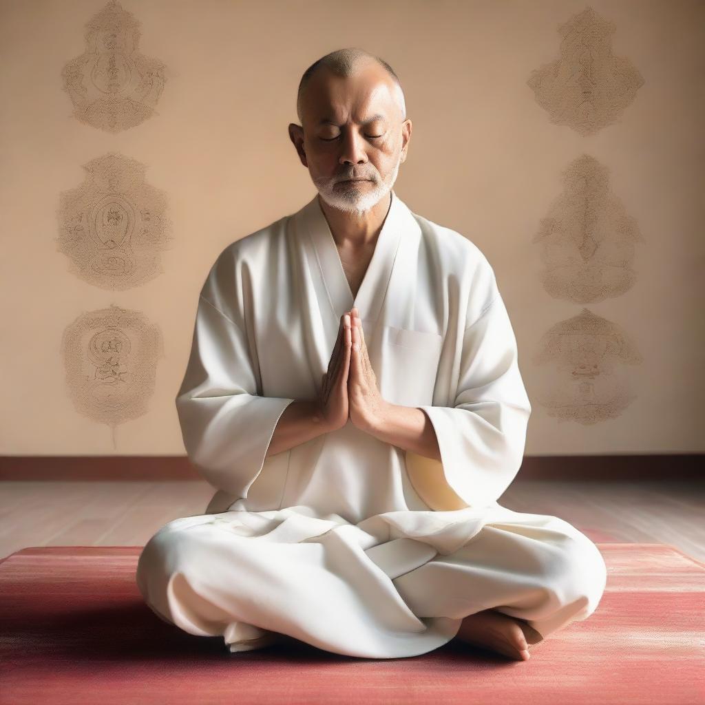 A peaceful priest meditating, his robes adorned with sacred symbols, with six arms outstretched in a semicircle, each hand postured in a different mudra. The background is serene and filled with soft, tranquil light.