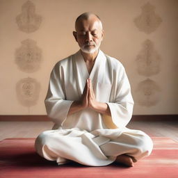 A peaceful priest meditating, his robes adorned with sacred symbols, with six arms outstretched in a semicircle, each hand postured in a different mudra. The background is serene and filled with soft, tranquil light.