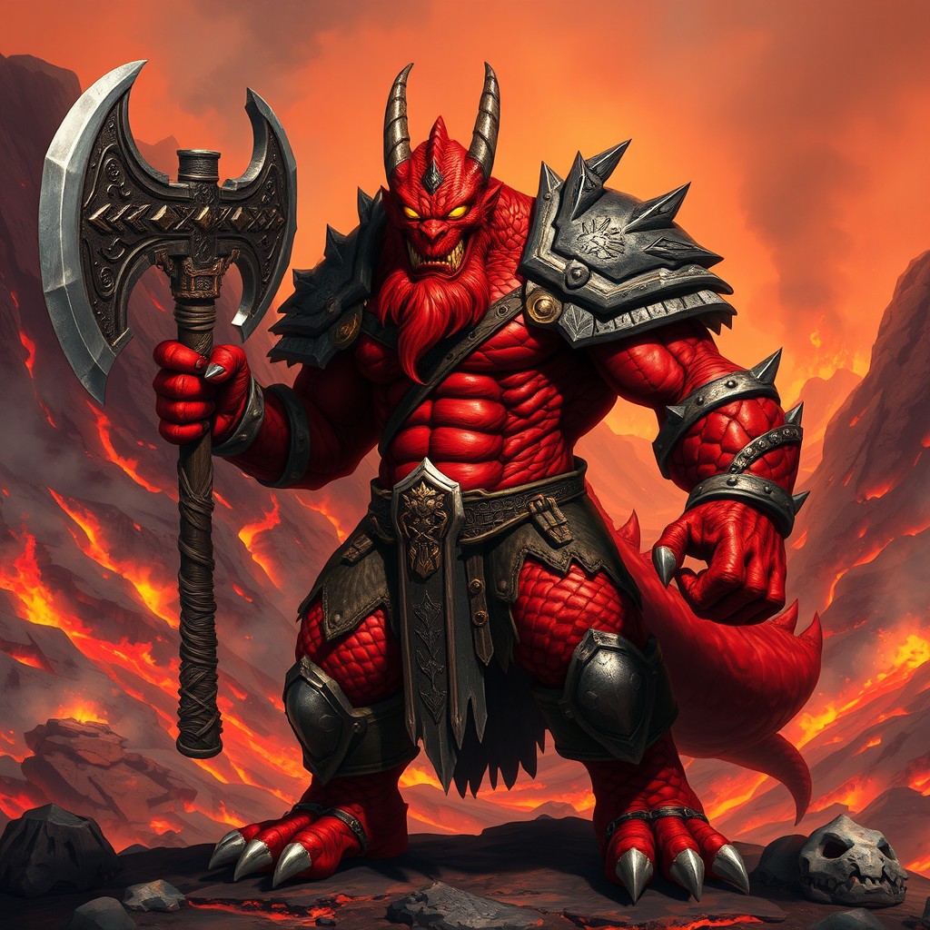 A red Dragonborn barbarian character stands fiercely in a dynamic pose, showcasing muscular build and intricately designed armor that has a rugged appearance