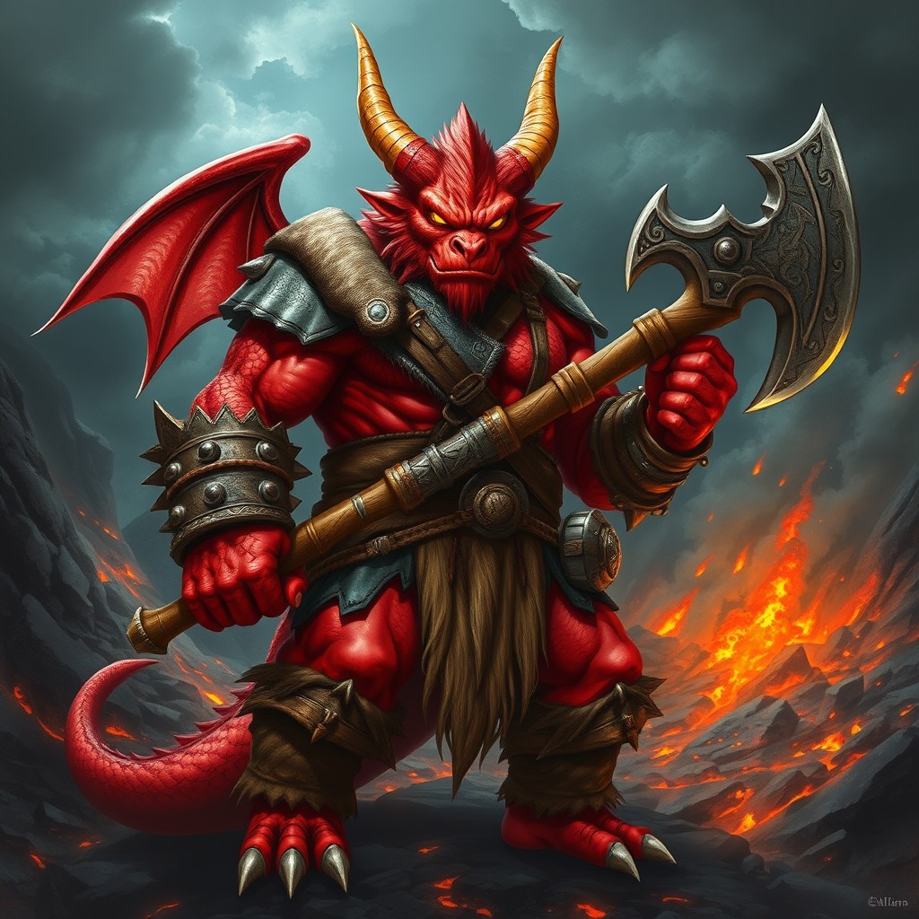 A powerful red Dragonborn barbarian stands confidently with a fierce expression, exhibiting a robust and muscular physique