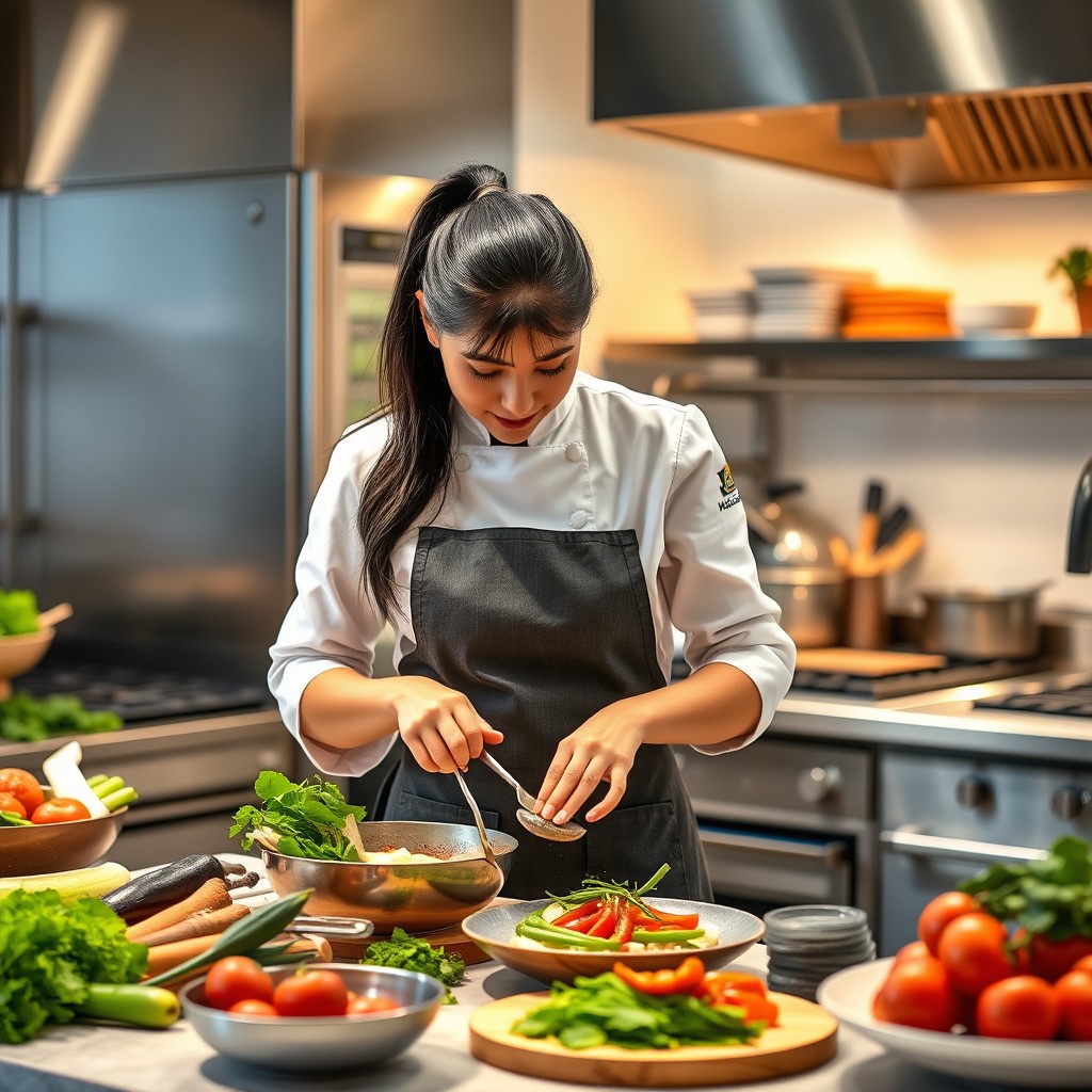 A professional female chef passionately preparing a gourmet meal in a modern kitchen, surrounded by fresh ingredients and cooking tools