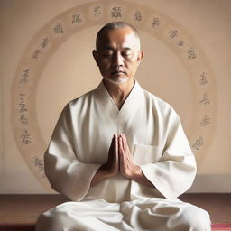 A peaceful priest meditating, his robes adorned with sacred symbols, with six arms outstretched in a semicircle, each hand postured in a different mudra. The background is serene and filled with soft, tranquil light.