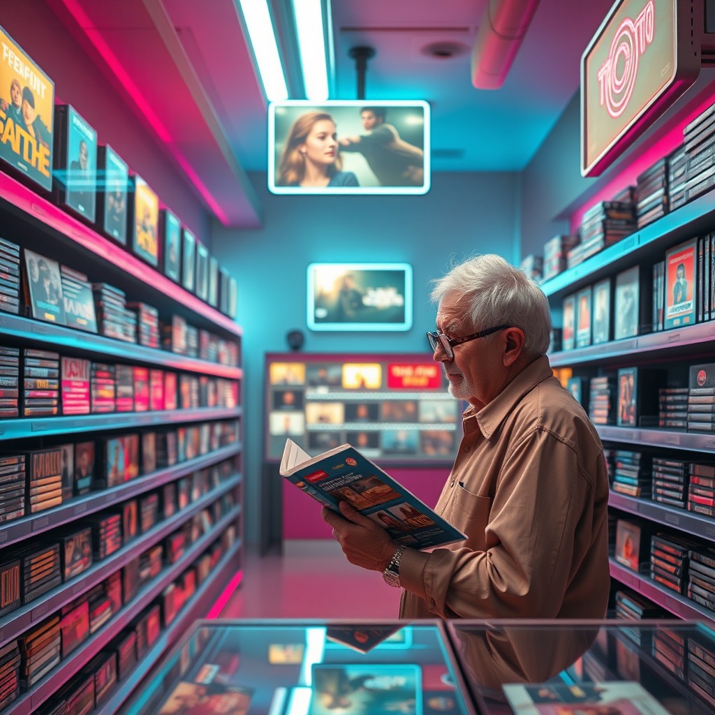 In a vibrant and nostalgic retro-futuristic landscape, a bustling 1980s video rental store unfolds, featuring shelves of DVD tapes that shimmer under the soft glow of neon lights in shades of blue and pink