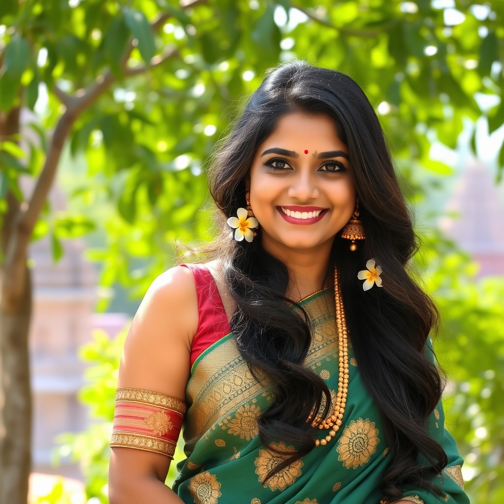 A beautiful South Indian woman wearing a traditional saree, featuring intricate gold embroidery