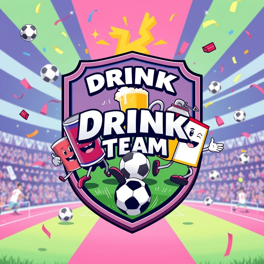 A humorous football (soccer) shield design for the team named 'Drink Team', with a focus on an anime style that conveys a playful and energetic atmosphere