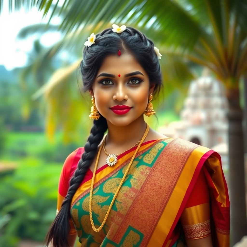 A portrait of a traditional South Indian woman, adorned in a vibrant sari with intricate patterns