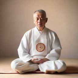 A peaceful priest meditating, his robes adorned with sacred symbols, with six arms outstretched in a semicircle, each hand postured in a different mudra. The background is serene and filled with soft, tranquil light.