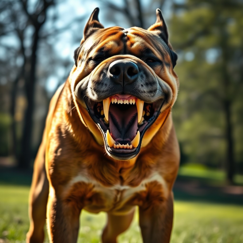 A fierce dog baring its teeth with an aggressive stance, showcasing its sharp fangs