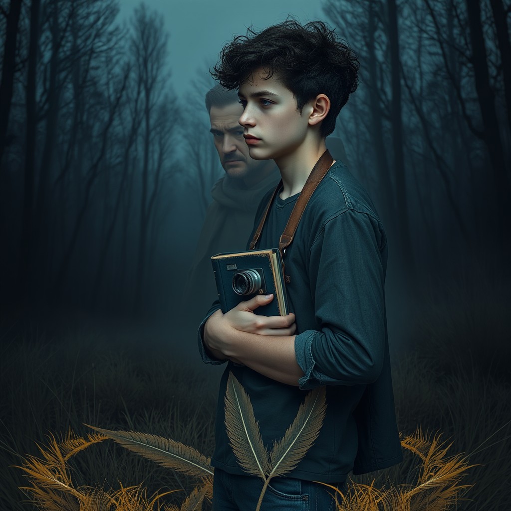 A gloomy teenager wearing old grunge clothes stands in profile, holding a thick, worn-out blue notebook that shows signs of long-term use