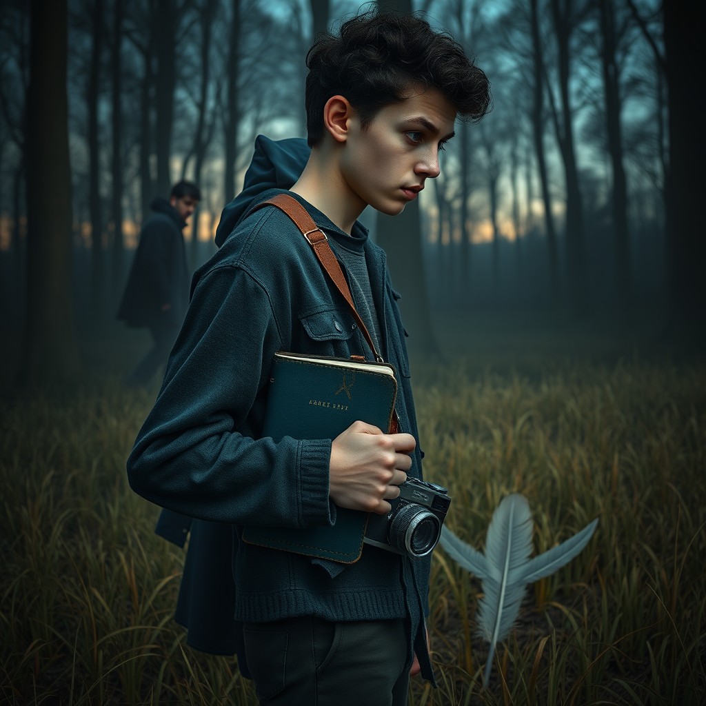 A gloomy teenager wearing old grunge clothes stands in profile, holding a thick, well-worn blue notebook that shows clear signs of long-term use