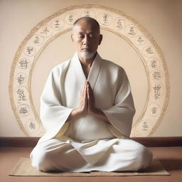 A peaceful priest meditating, his robes adorned with sacred symbols, with six arms outstretched in a semicircle, each hand postured in a different mudra. The background is serene and filled with soft, tranquil light.