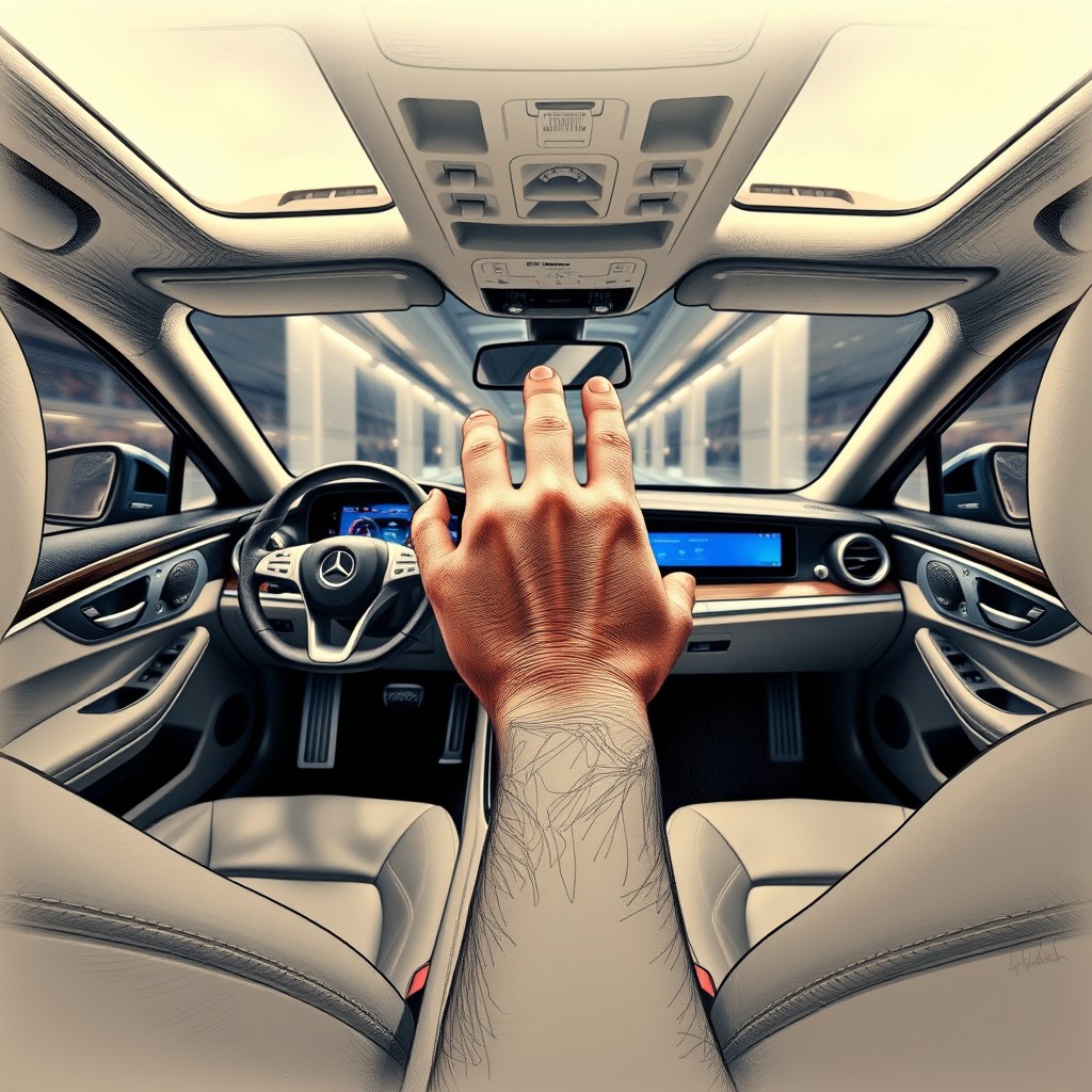 An interior view of a luxurious Mercedes car, designed to look as if the driver has drawn it with a pen