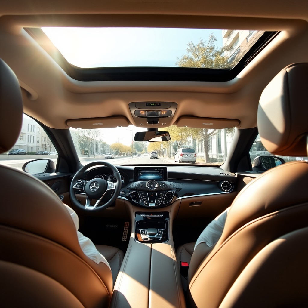 A real photo taken from the perspective of a driver seated inside a luxurious Mercedes car