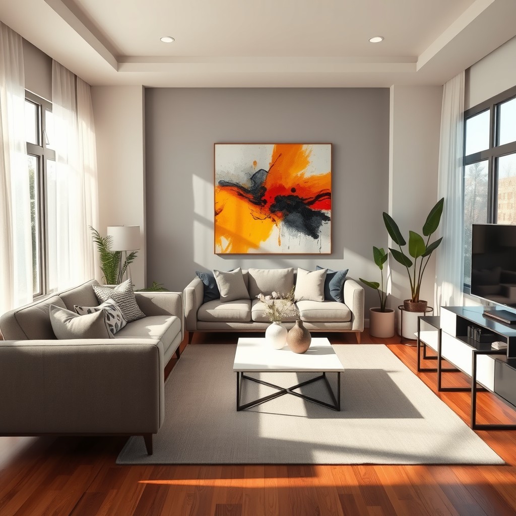 A beautifully virtually staged living room, showcasing modern furniture with a sleek design, a cozy sofa in a neutral tone, an elegant coffee table, and stylish decorations