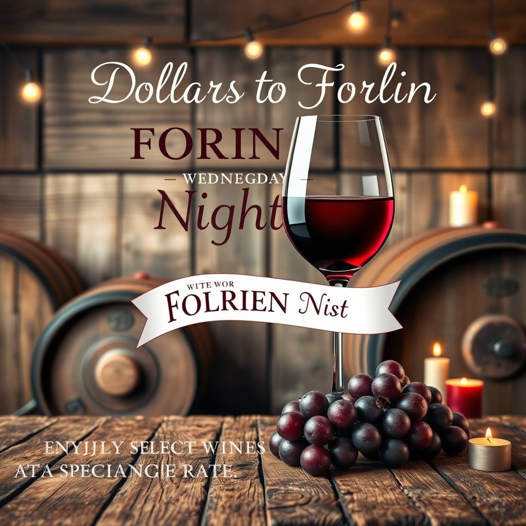 A rustic wine bar flyer design promoting "Dollars to Florin Night" every Wednesday