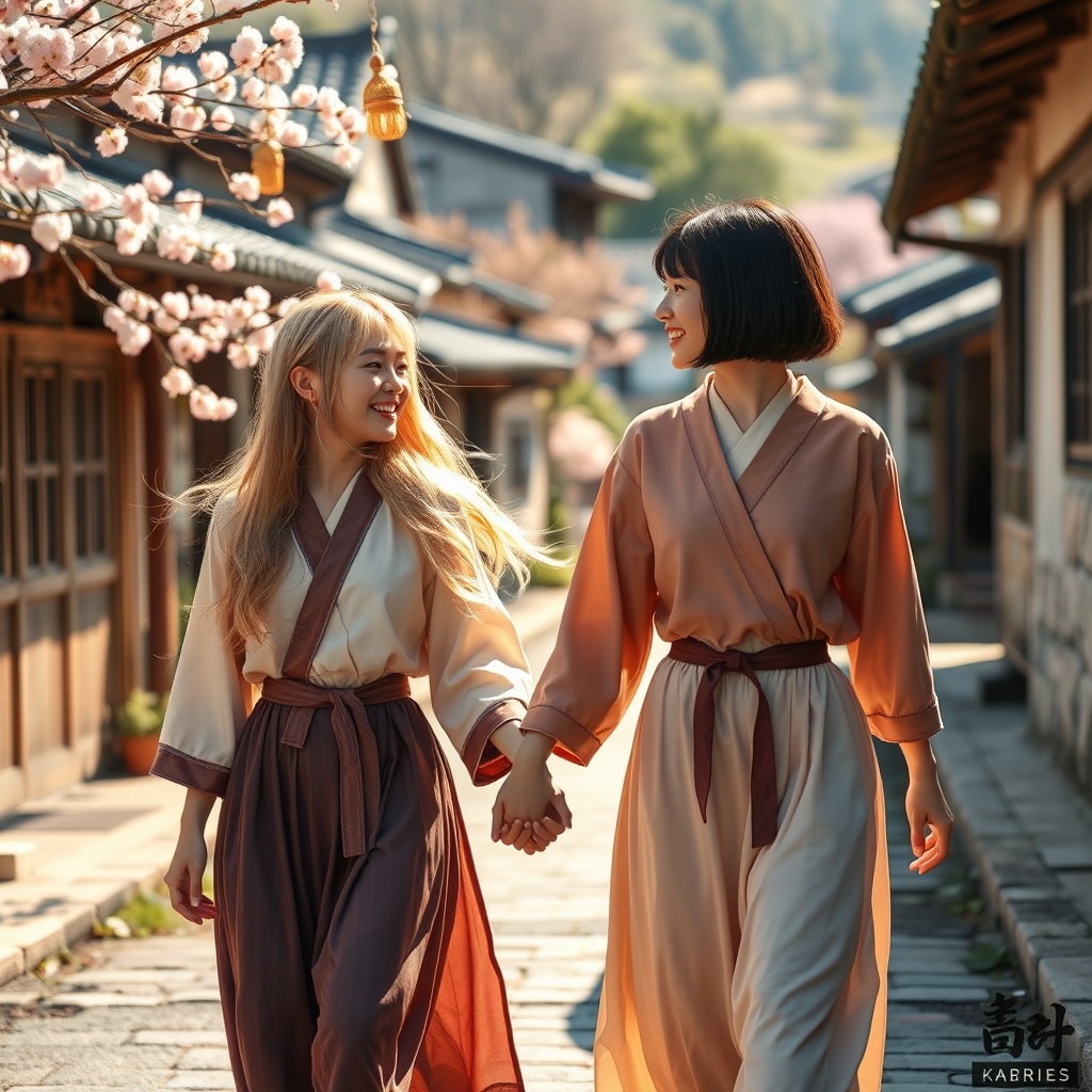 In ancient Korea, a charming village street where two sisters walk hand in hand, sharing joyful laughter and engaged in a heartfelt conversation