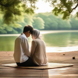 A peaceful image of a couple, united and serene, as they pray together. Their surroundings are calm and quiet, emphasizing the tranquility and solemnity of the moment.