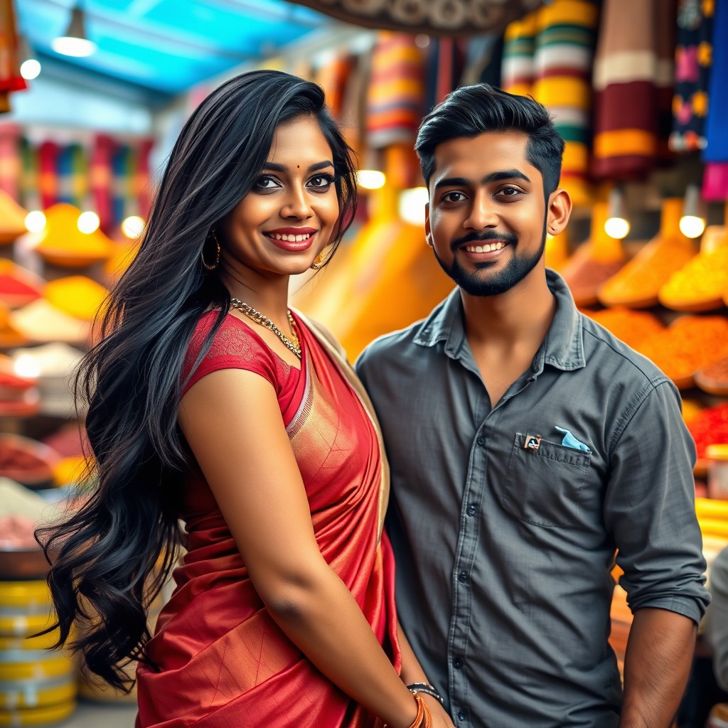 A strikingly alluring Indian woman in her 30s, wearing a beautiful traditional saree that accentuates her curves