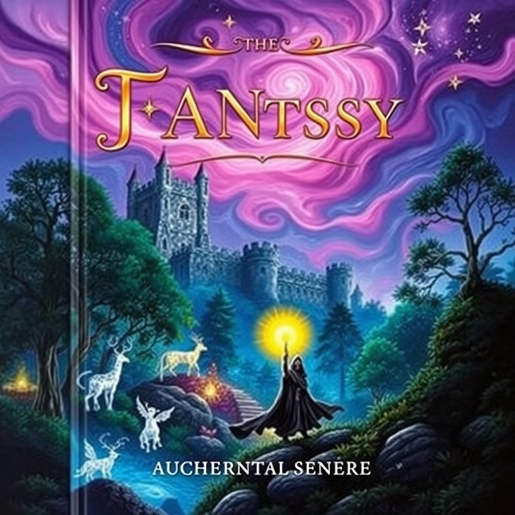 A captivating fantasy book cover featuring a mystical forest with glowing magical creatures, an ancient stone castle in the background, and a cloaked figure holding a glowing staff