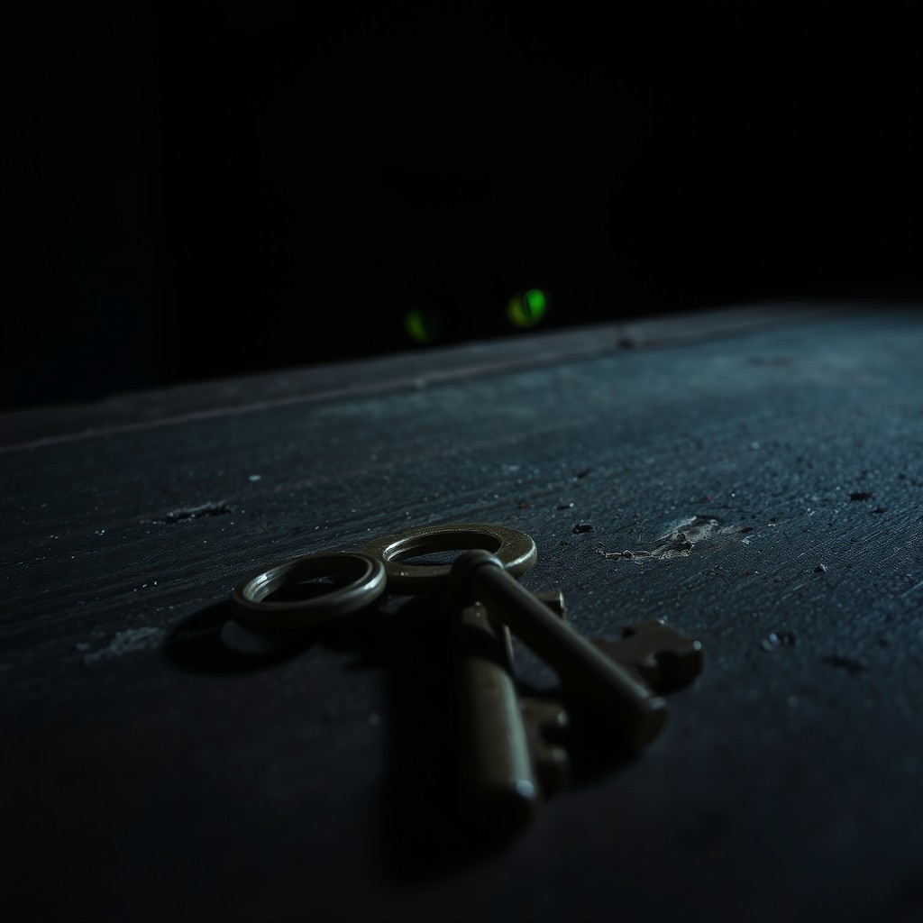 A dark and moody atmosphere filled with mystery, featuring a small, rusty door key resting on a weathered wooden surface