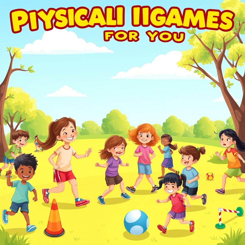 A vibrant and colorful illustration depicting various physical fitness games and activities for youth