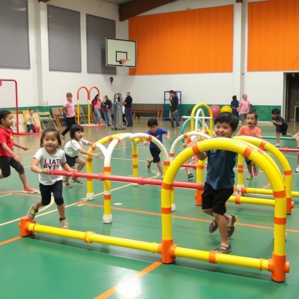 An engaging and inventive scene showcasing various physical games made using PVC pipes (pipa paralon) designed for physical education
