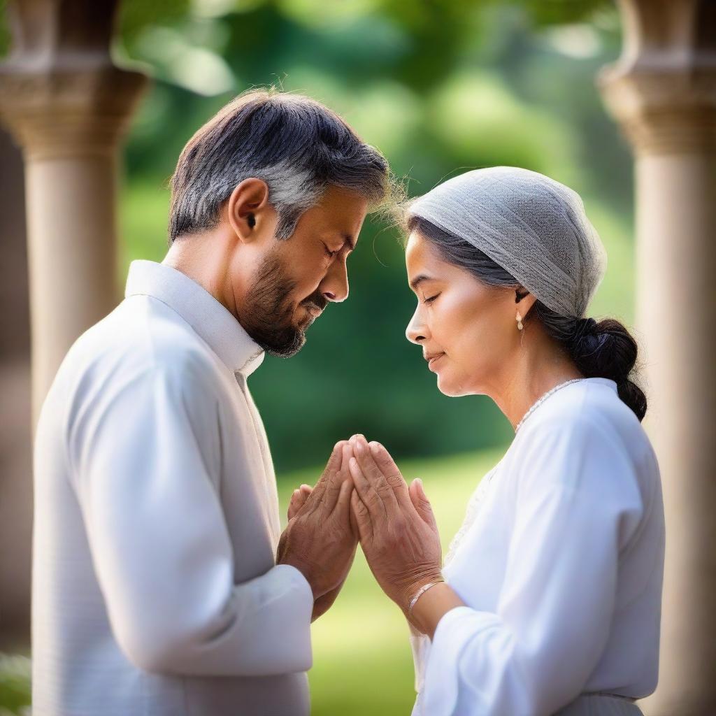 A peaceful image of a couple, united and serene, as they pray together. Their surroundings are calm and quiet, emphasizing the tranquility and solemnity of the moment.