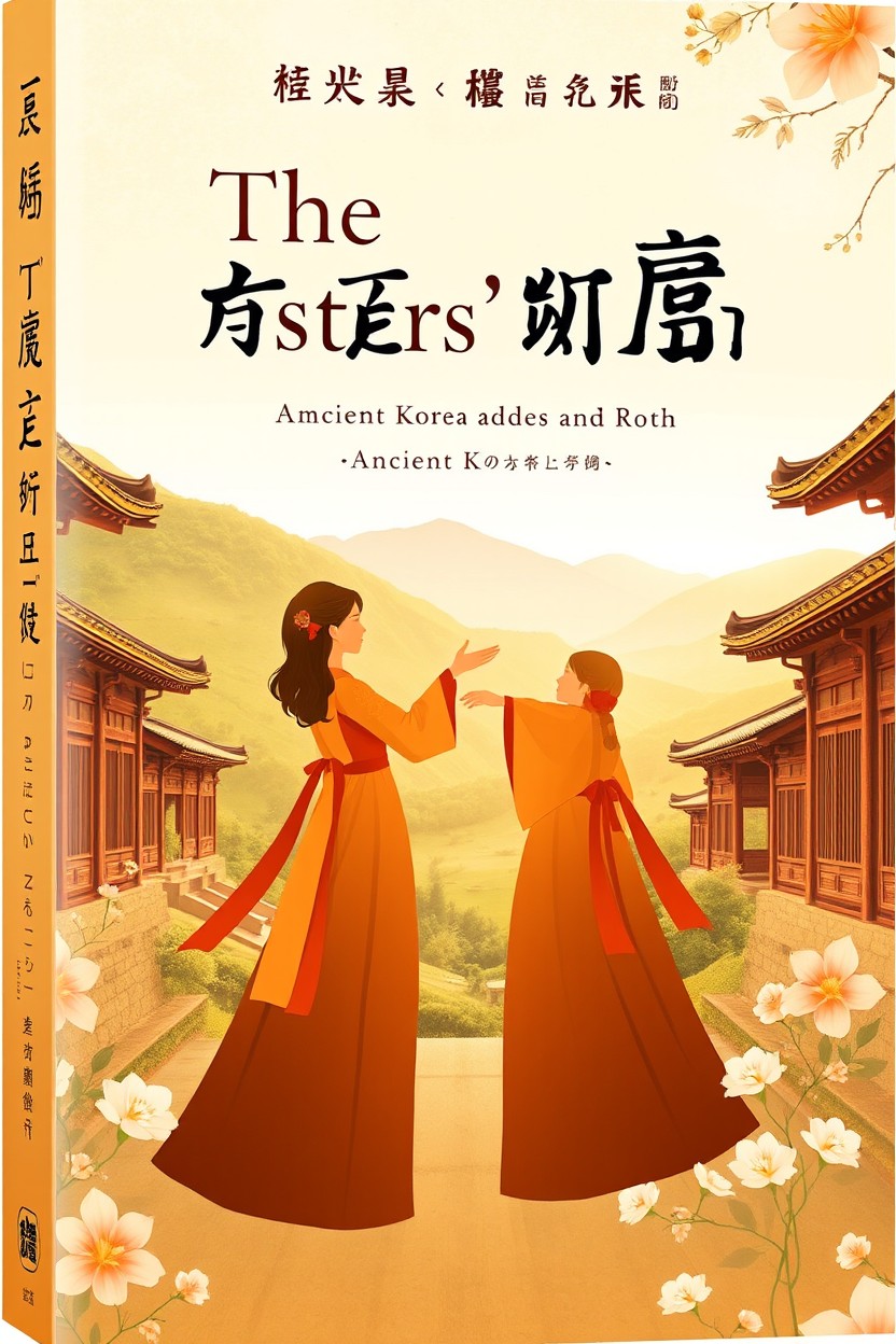A book cover for 'The Sisters' Path': Depicting ancient Korea with two female silhouettes in traditional Hanbok attire, reaching out to each other with outstretched hands