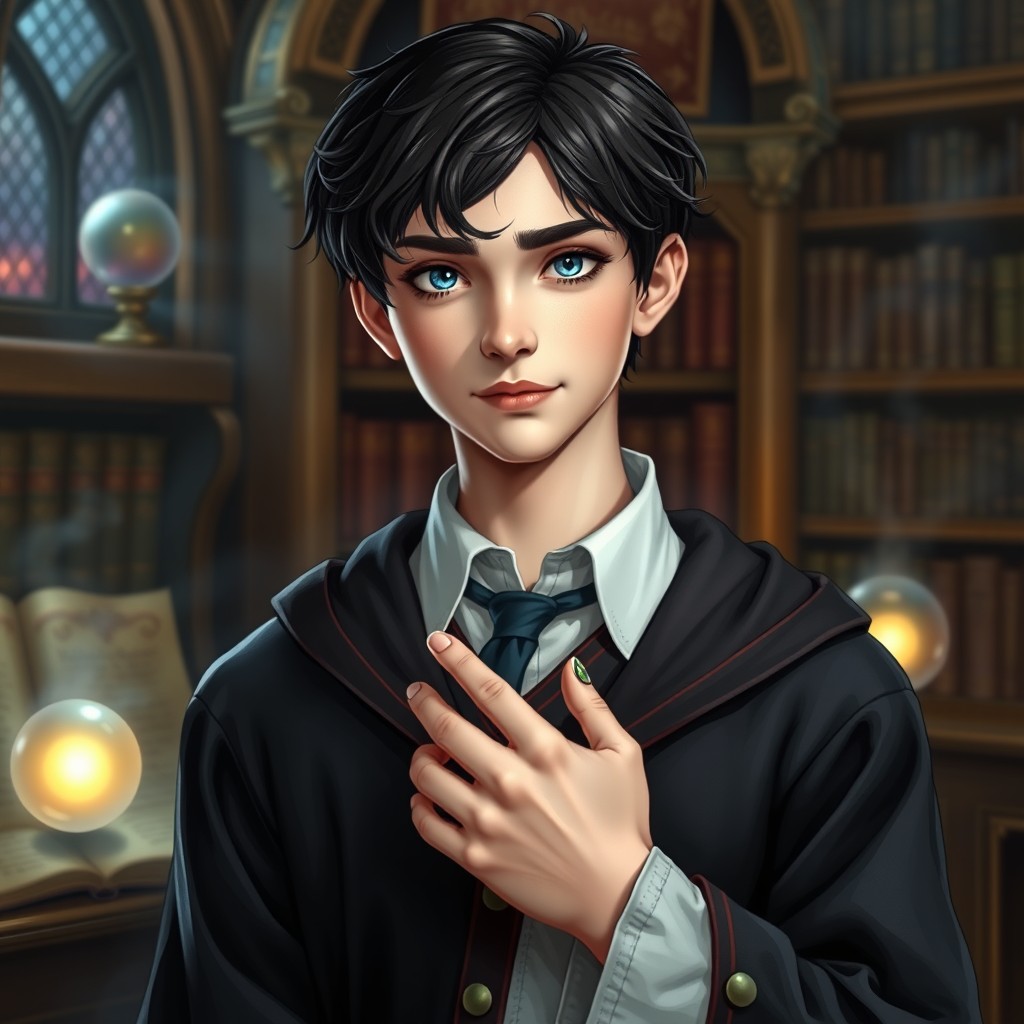 A 17-year-old wizard with short black hair, wearing a magical school uniform