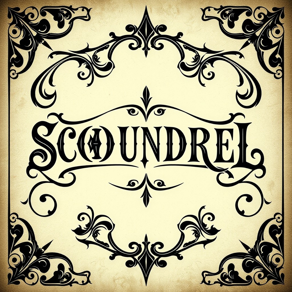 The word 'SCOUNDREL' designed in a dark fantasy font, elegantly mirrored both on the top and bottom as if it were printed on the back of a sophisticated poker card