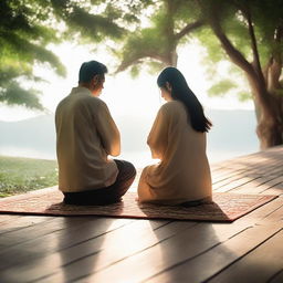 A peaceful image of a couple, united and serene, as they pray together. Their surroundings are calm and quiet, emphasizing the tranquility and solemnity of the moment.