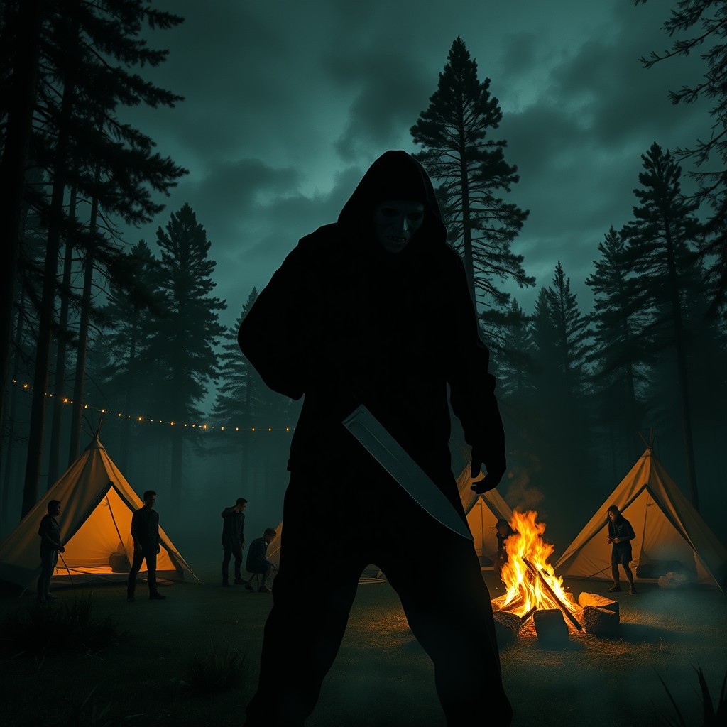 A horror-themed scene set in a summer camp, featuring a shadowy figure of a slasher with a menacing stance, surrounded by tall pine trees and a darkened sky