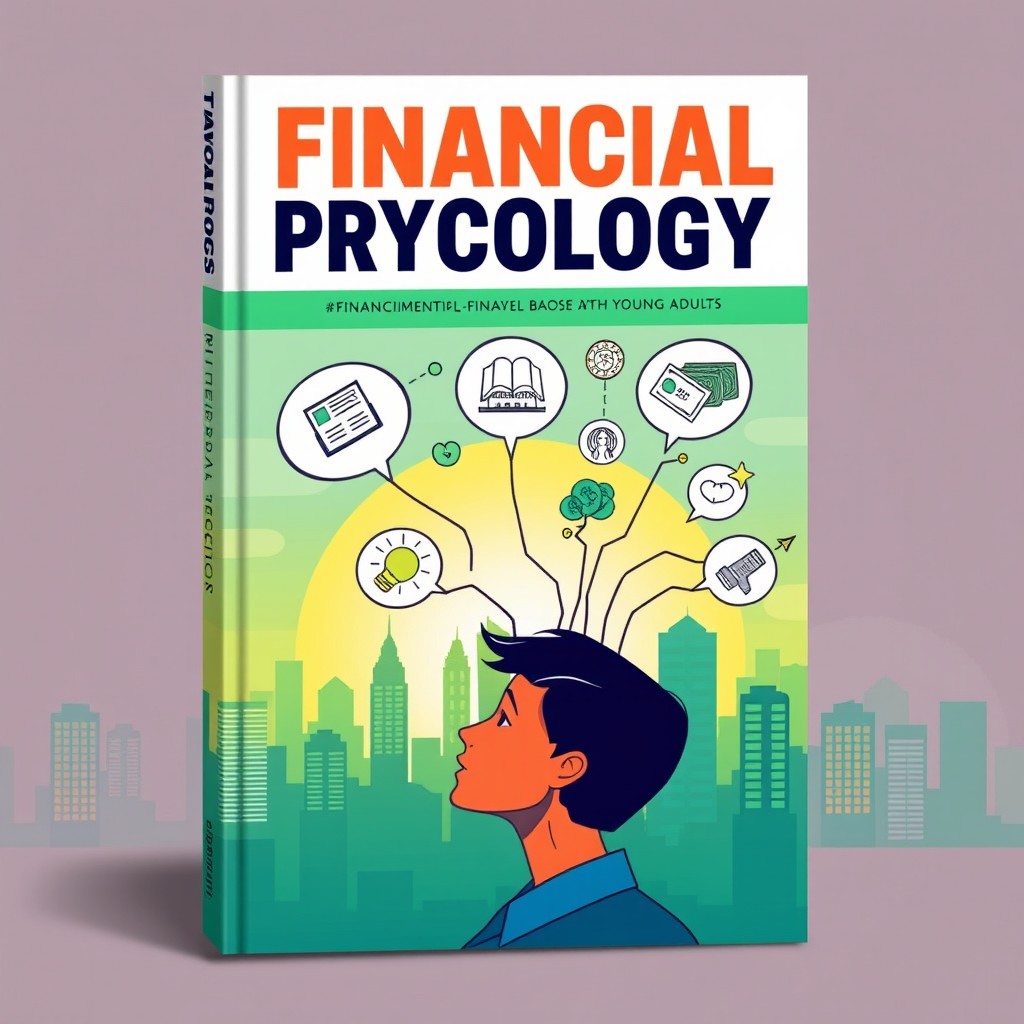 A book cover design for a financial psychology book aimed at young adults, featuring vibrant colors and dynamic illustrations