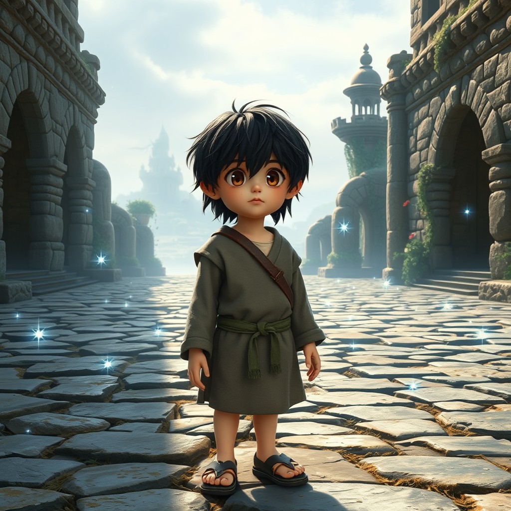 A 6-year-old fantasy boy standing in a magical courtyard made of ancient stones