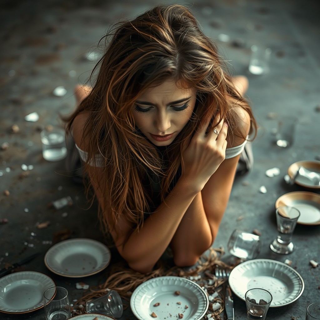 A striking image of a pretty young woman on her knees on the ground, embodying feelings of brokenness, frustration, and anger as she cries