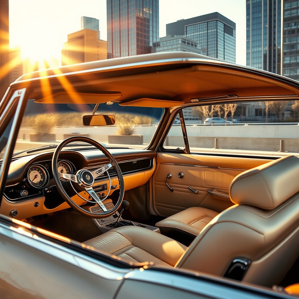 A stylized, vintage car interior, featuring a sleek dashboard with a leather-wrapped steering wheel