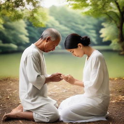 A peaceful image of a couple, united and serene, as they pray together. Their surroundings are calm and quiet, emphasizing the tranquility and solemnity of the moment.