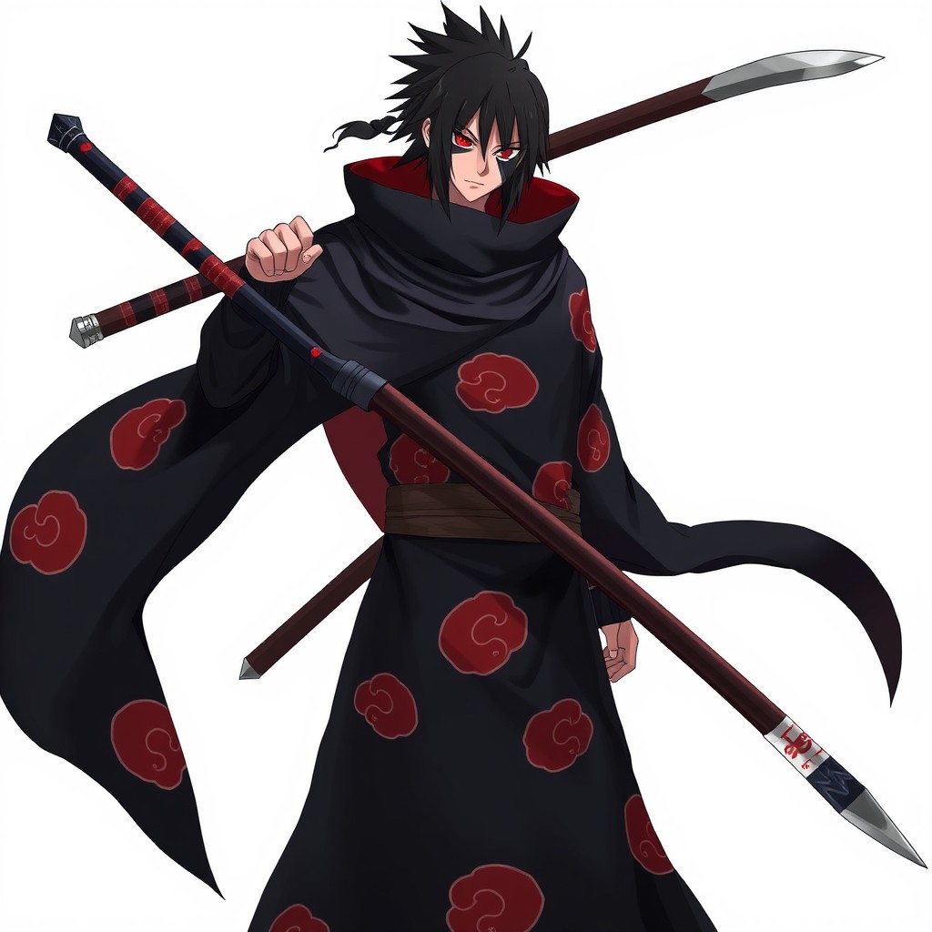 Uchiha Itachi of the Akatsuki, dressed in his signature black Akatsuki cloak adorned with red clouds, stands in a poised and ready stance