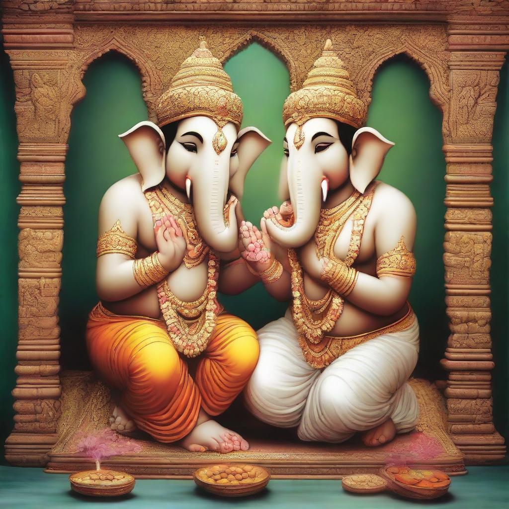 A devoted couple humbly praying to the Hindu deity, Lord Ganesha. The god's revered image is prominently featured as the couple kneels in focused prayer, surrounded by a serene and spiritual atmosphere.