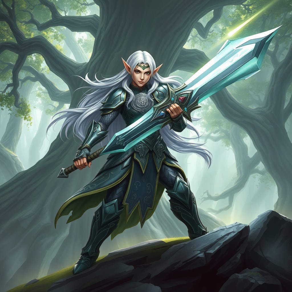 A majestic fantasy elf warrior wielding a greatsword, standing confidently on a rugged landscape
