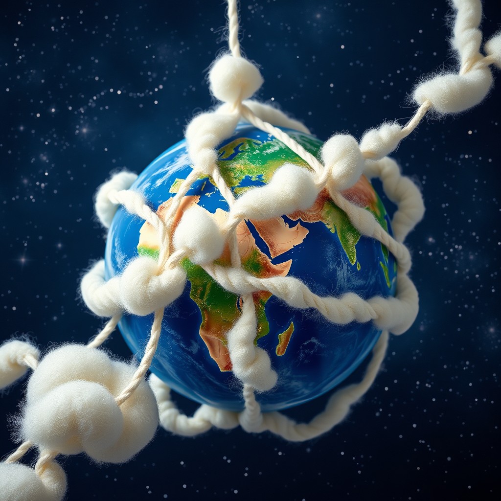 A captivating scene of fluffy white sheep wool being delicately strung around Planet Earth