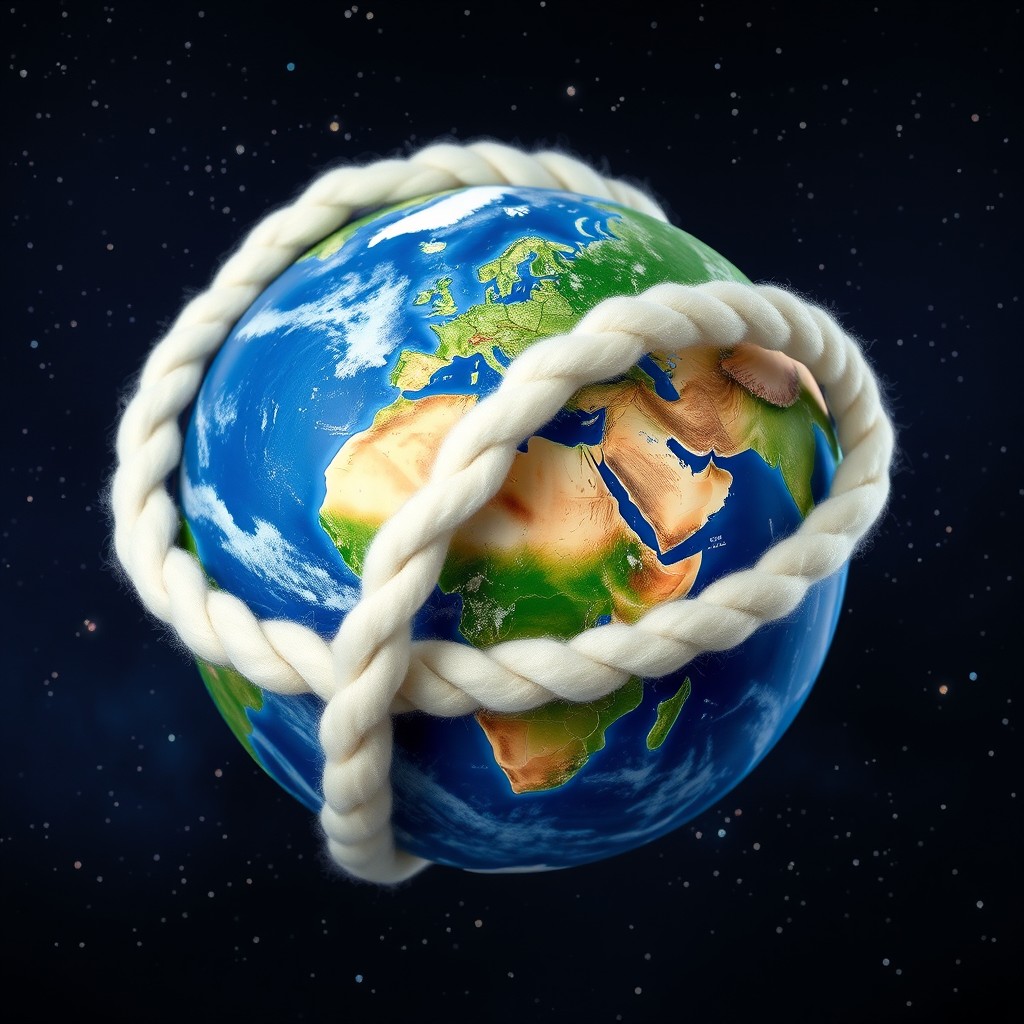A whimsical scene featuring a single delicate strand of fluffy white sheep wool being gracefully wrapped around Planet Earth
