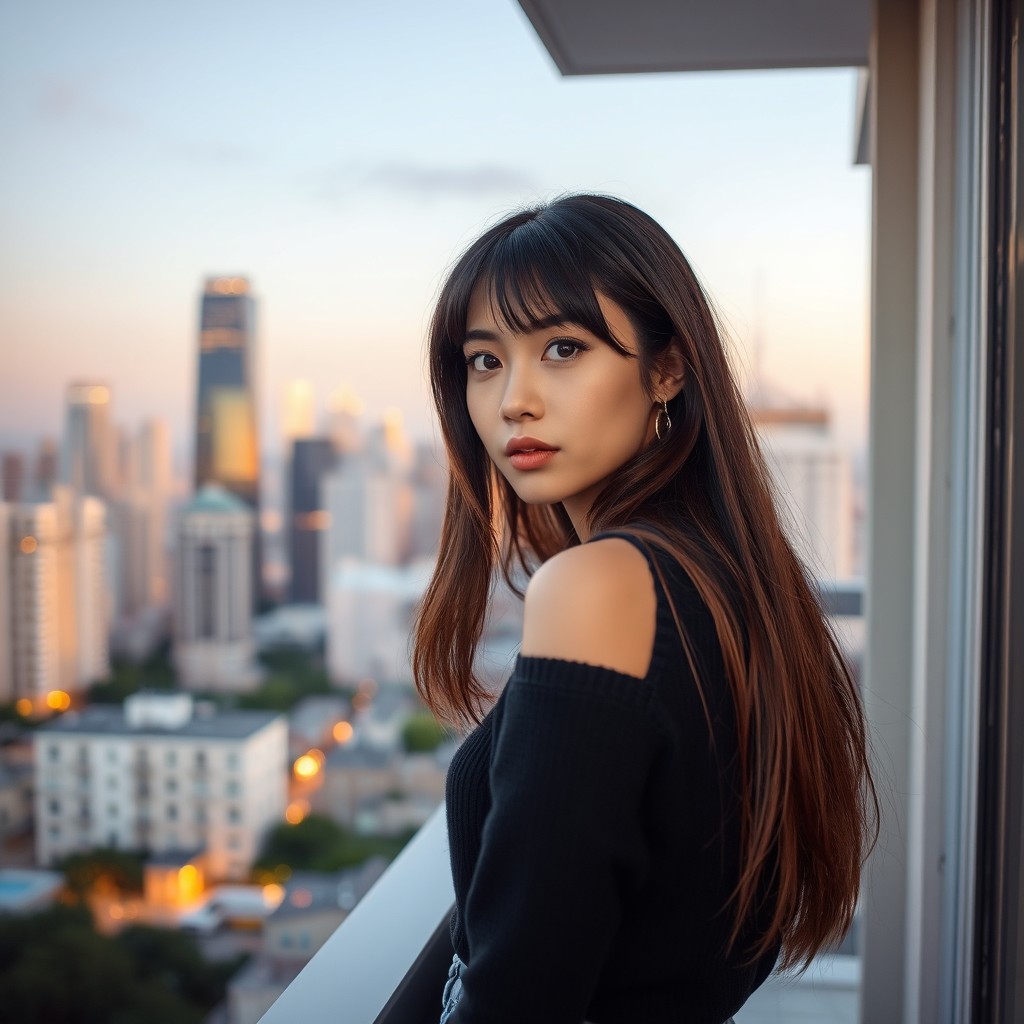A beautiful brunette woman with slightly almond-shaped eyes, long, straight hair and curtain bangs, standing on the balcony of her home