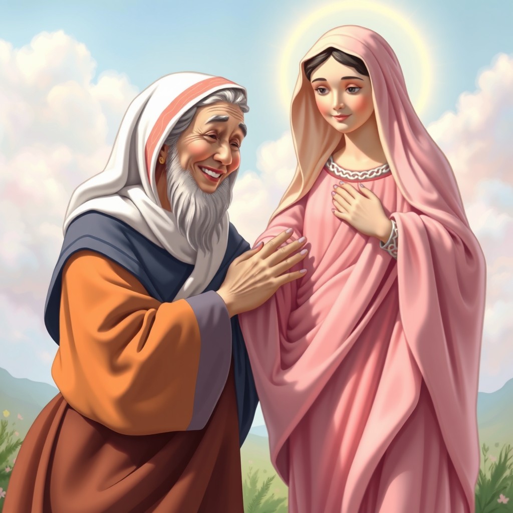 A whimsical scene featuring Santa Ana playfully tickling the armpit of Our Lady (Nossa Senhora) in a joyful and lighthearted moment