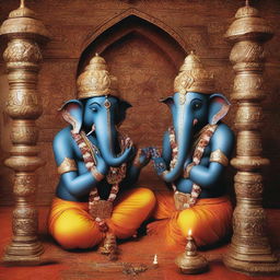 A devoted couple humbly praying to the Hindu deity, Lord Ganesha. The god's revered image is prominently featured as the couple kneels in focused prayer, surrounded by a serene and spiritual atmosphere.