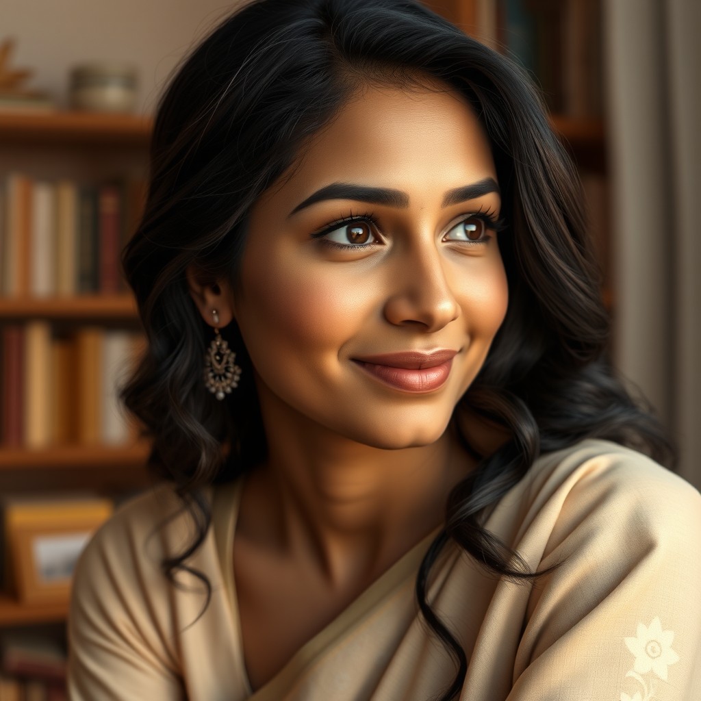 A highly realistic digital portrait of a South Asian woman aged 24–28, featuring a light warm brown or golden wheatish complexion, long naturally wavy or loosely curled dark brown to soft black hair that is softly parted